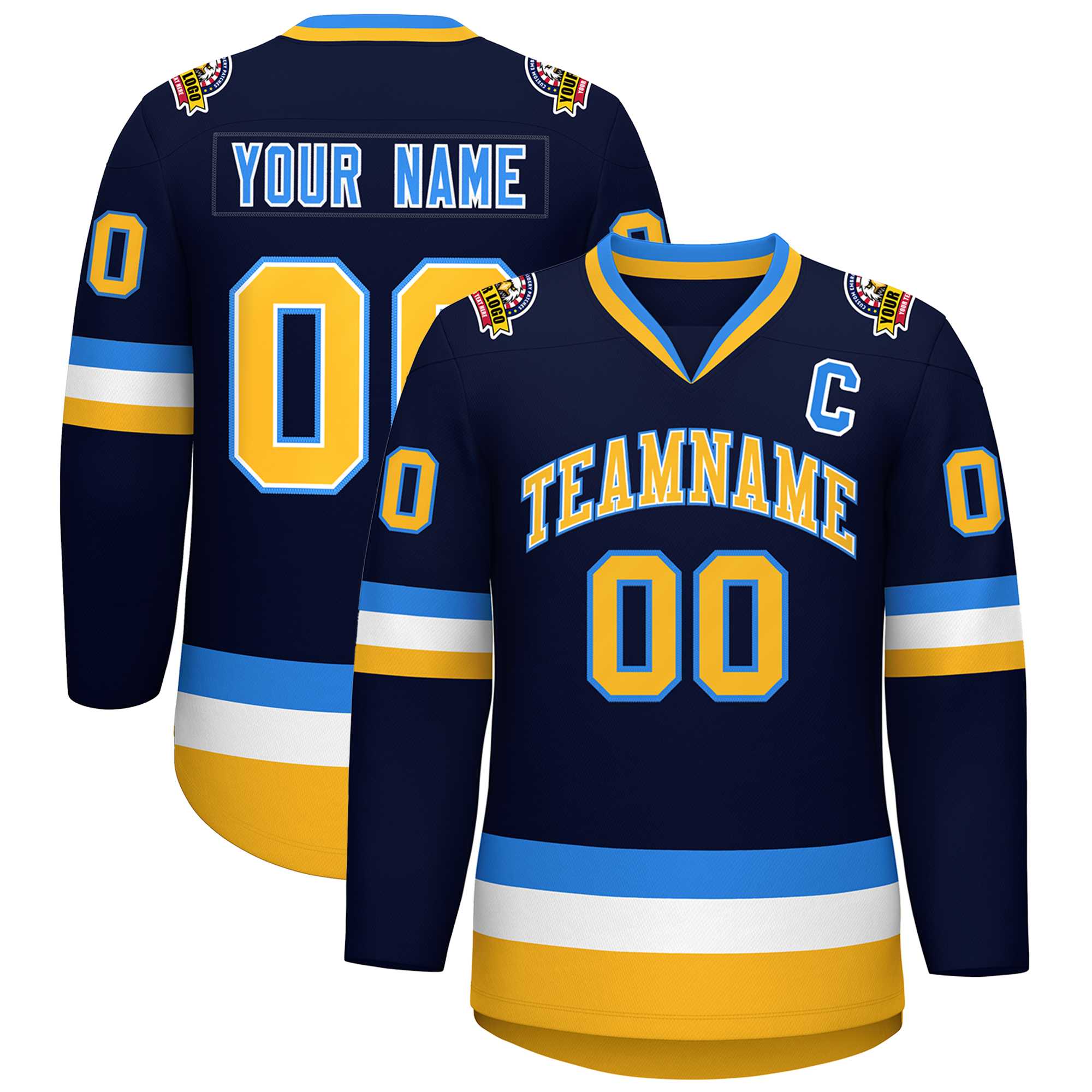 Custom Navy Gold White-Powder Blue Classic Style Hockey Jersey