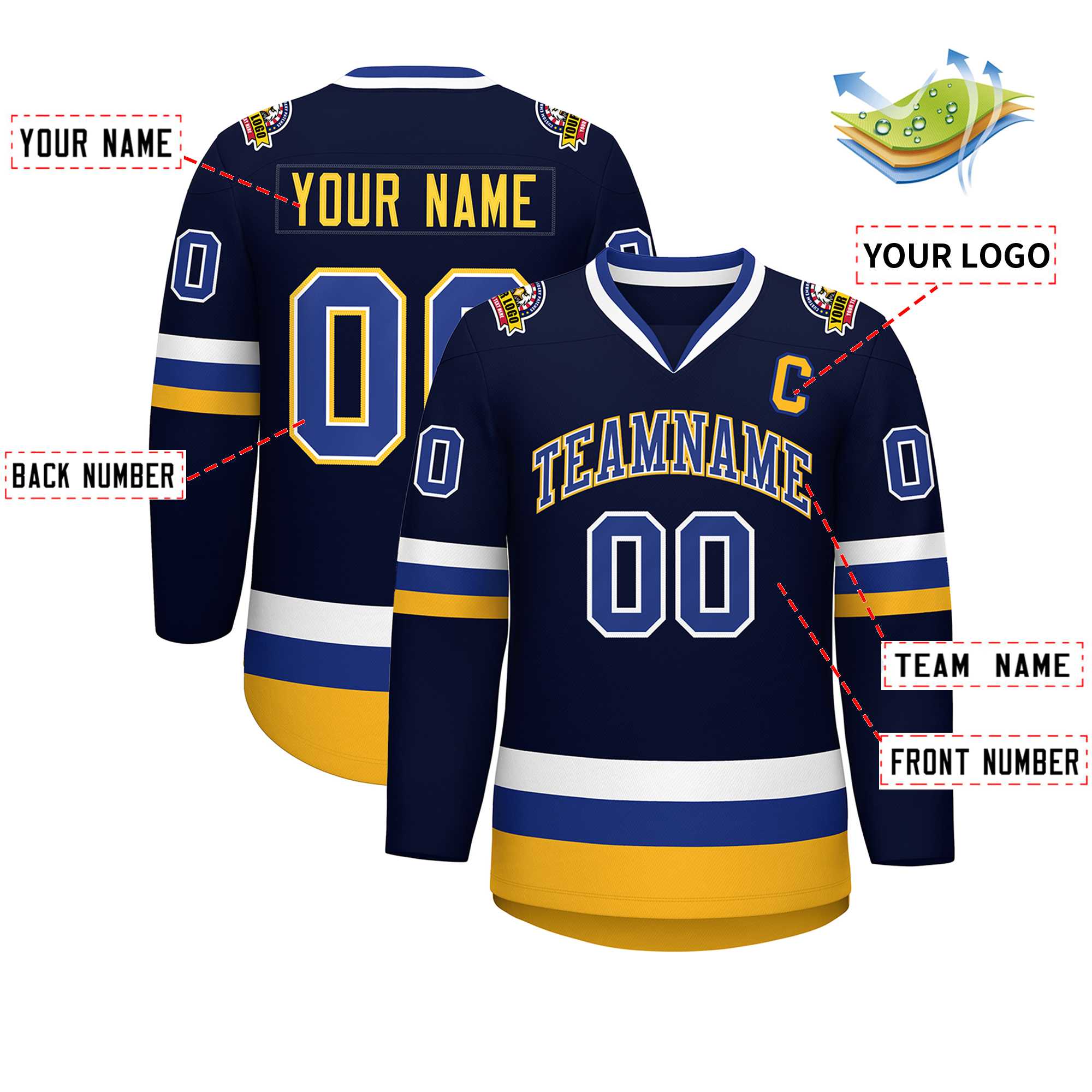 Custom Navy Royal White-Gold Classic Style Hockey Jersey