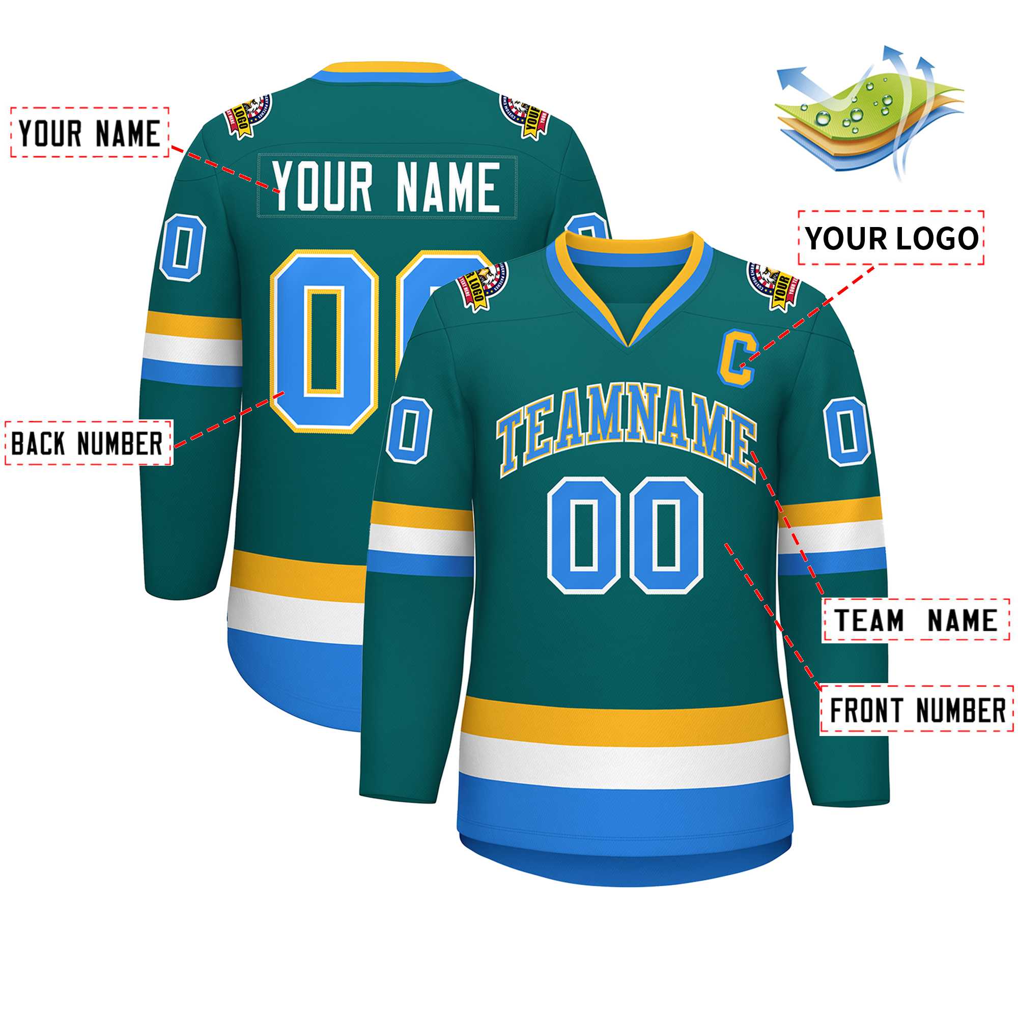 Custom Teal Powder Blue White-Gold Classic Style Hockey Jersey