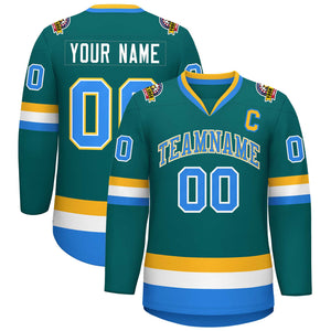 Custom Teal Powder Blue White-Gold Classic Style Hockey Jersey