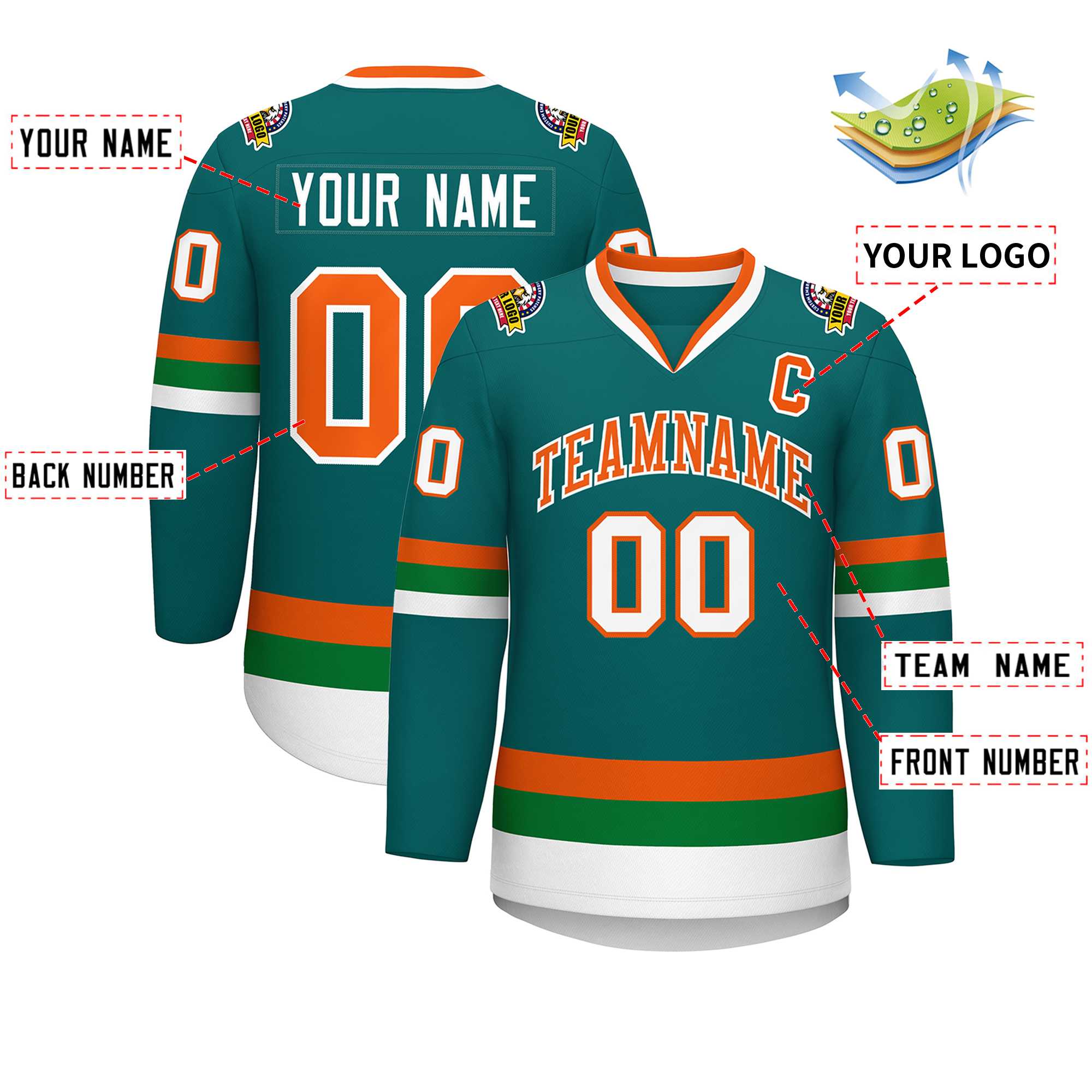 Custom Teal Orange-White Classic Style Hockey Jersey