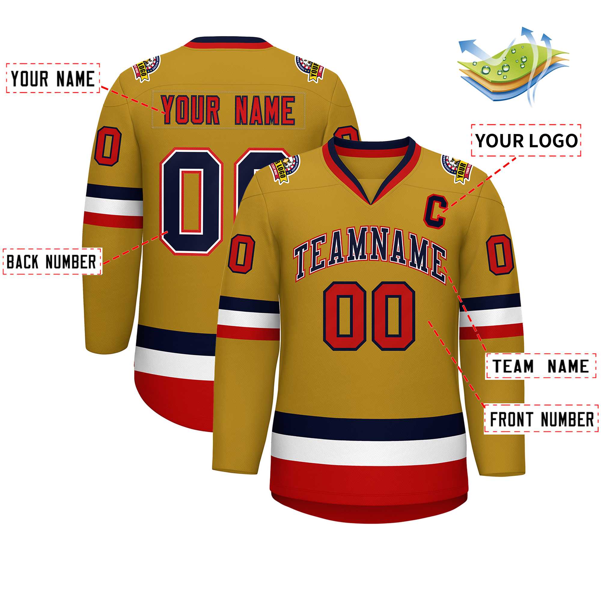 Custom Old Gold Navy White-Red Classic Style Hockey Jersey