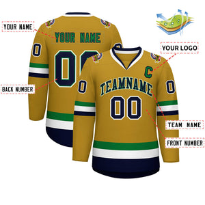 Custom Old Gold Navy Kelly Green-White Classic Style Hockey Jersey