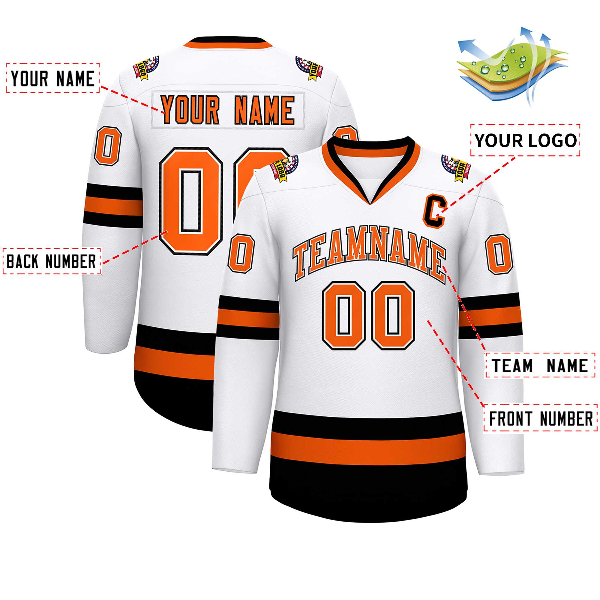 Maillot de hockey de style classique blanc orange blanc-noir personnalisé