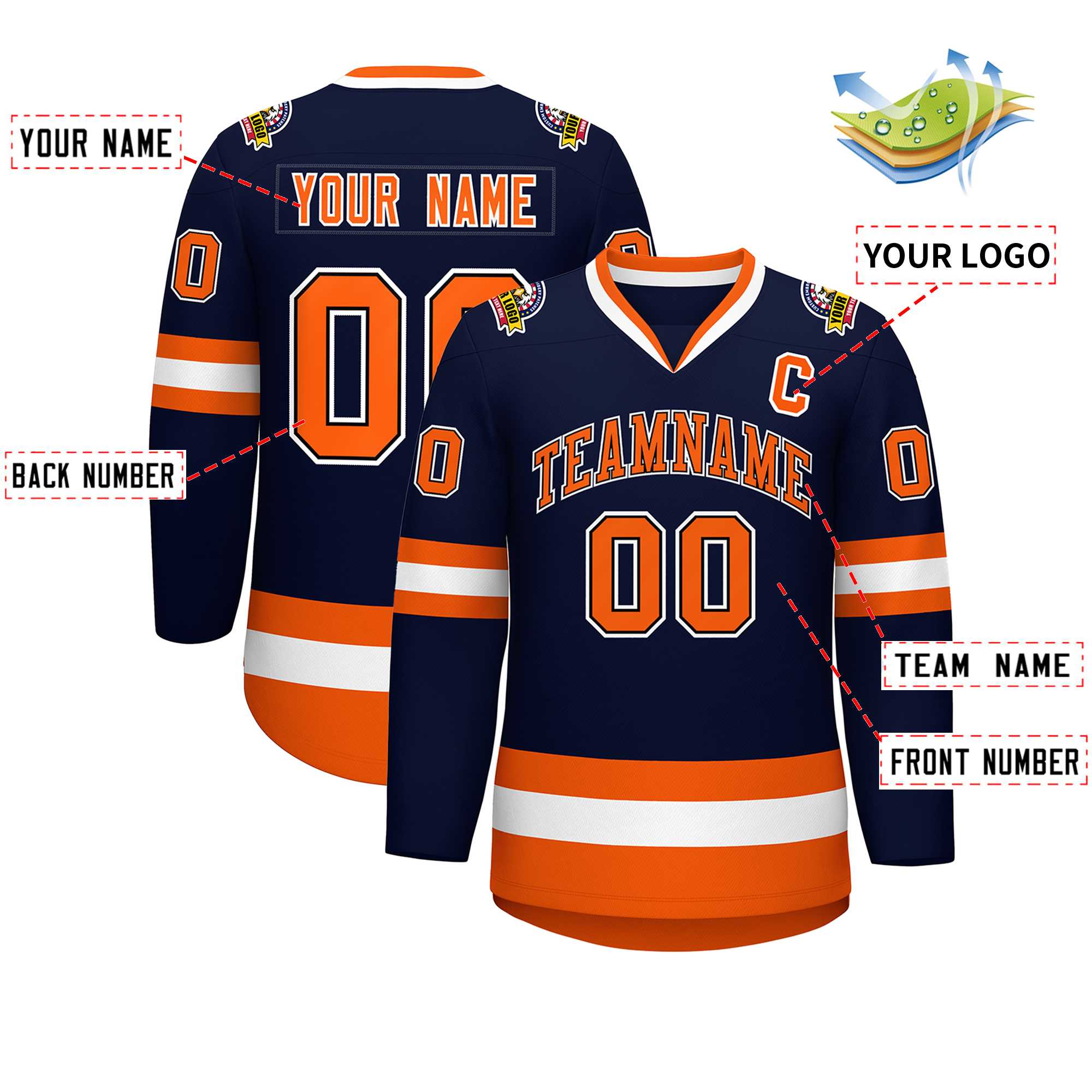 Custom Navy Orange Black-White Classic Style Hockey Jersey