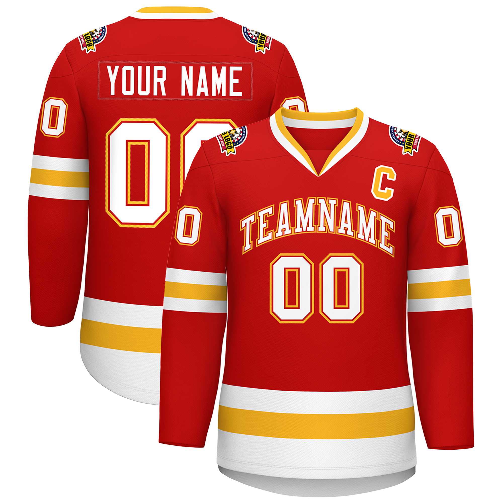 Custom Red White Red-Gold Classic Style Hockey Jersey