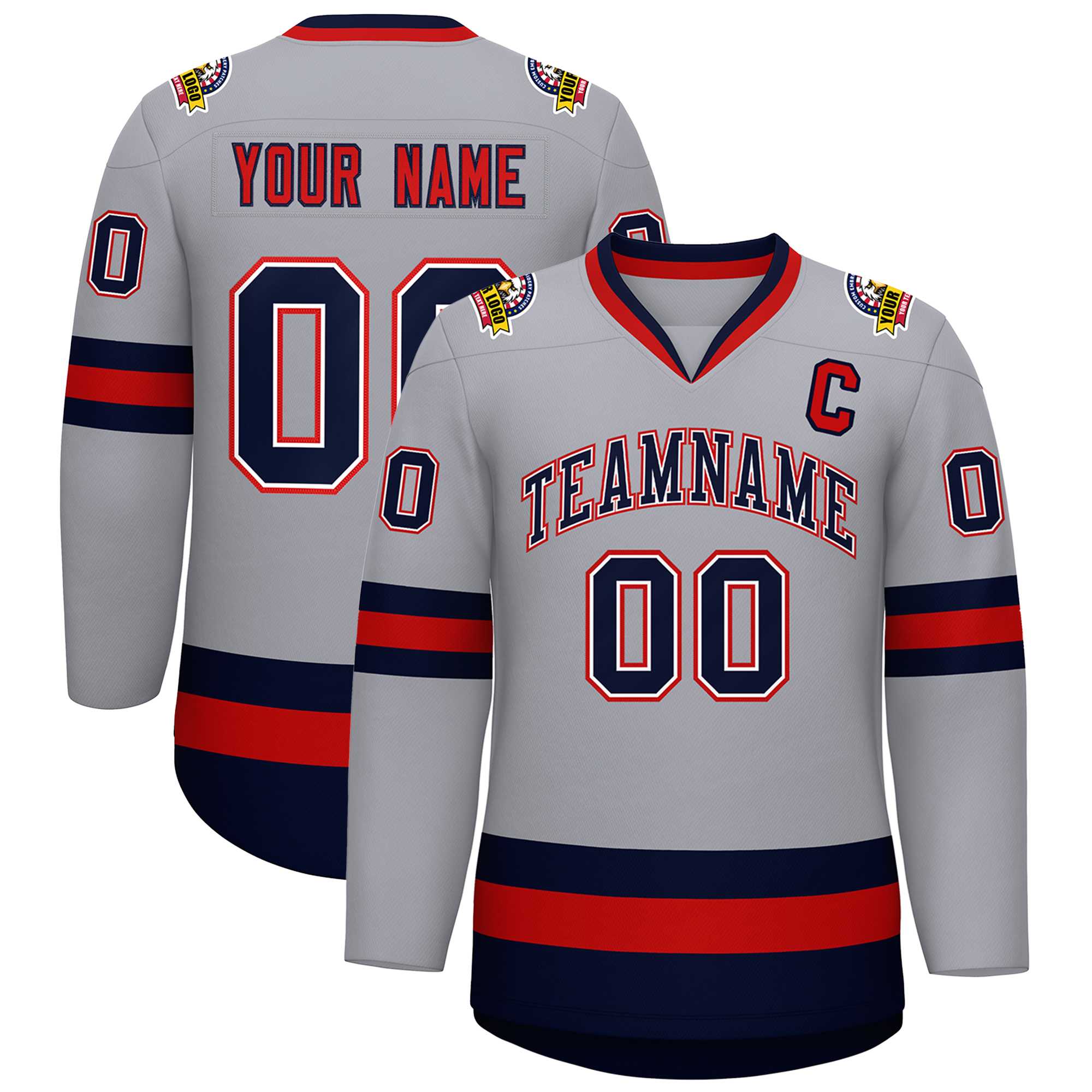 Custom Gray Navy White-Red Classic Style Hockey Jersey