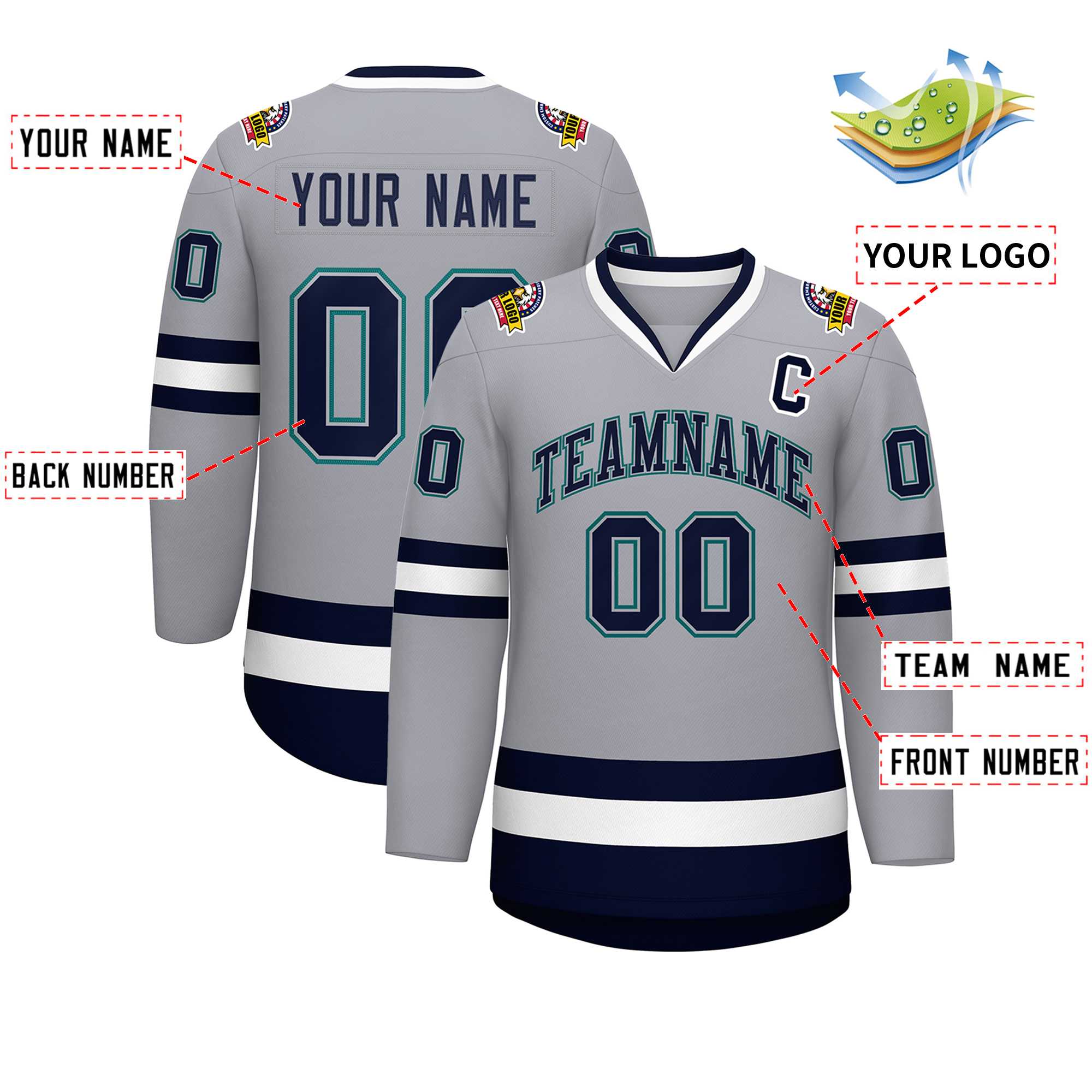 Custom Gray Navy Gray-Aqua Classic Style Hockey Jersey