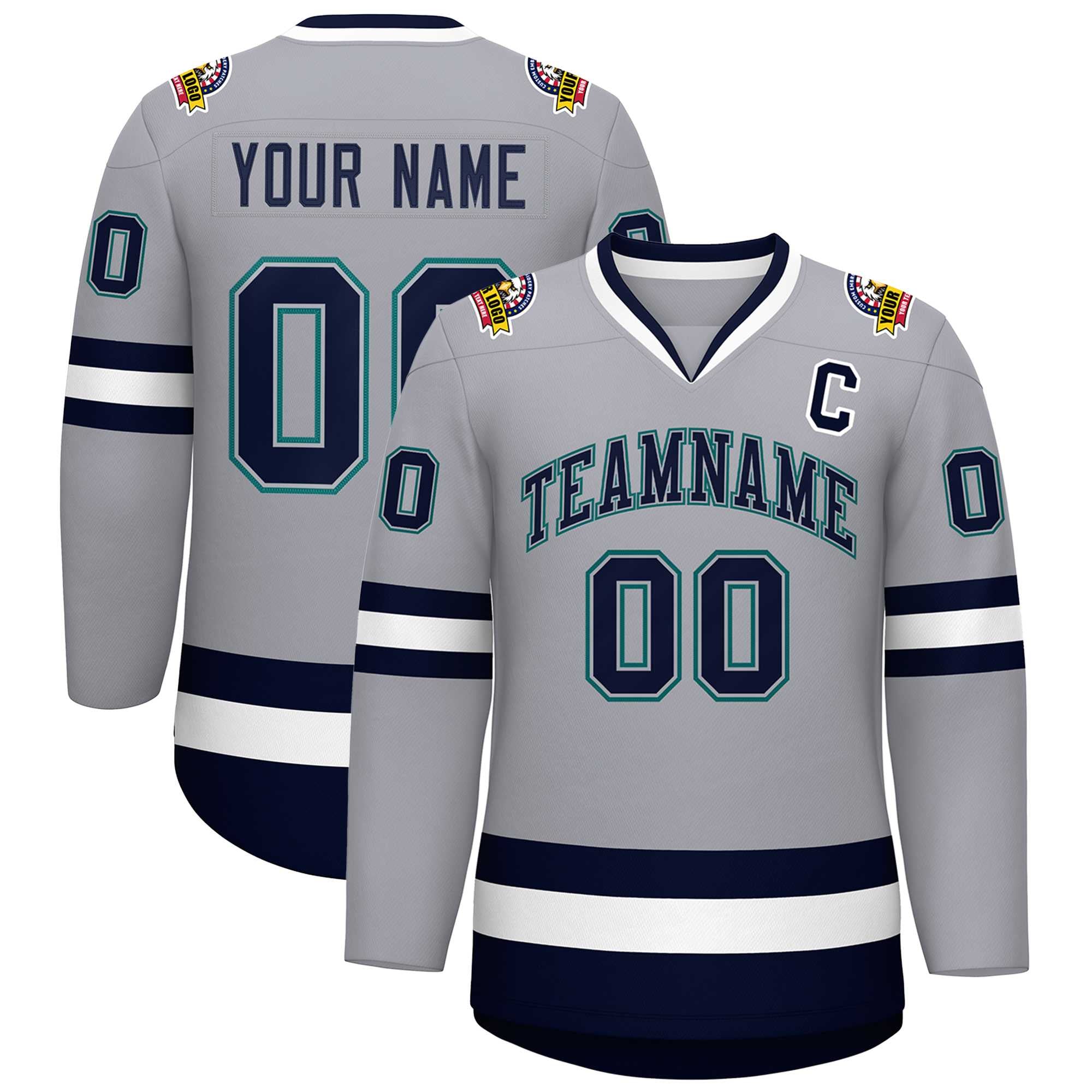 Custom Gray Navy Gray-Aqua Classic Style Hockey Jersey