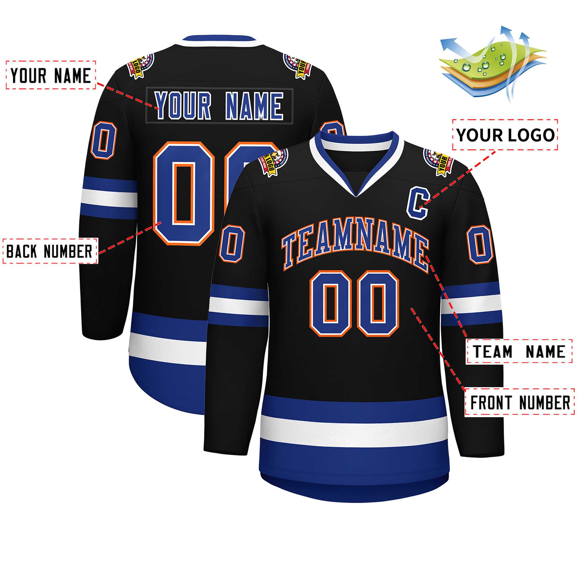 Custom Black Royal White-Orange Classic Style Hockey Jersey