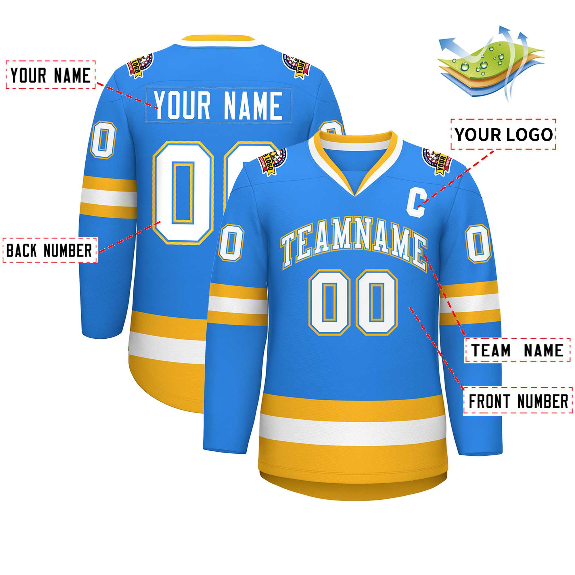 Custom Powder Blue White Powder Blue-Gold Classic Style Hockey Jersey