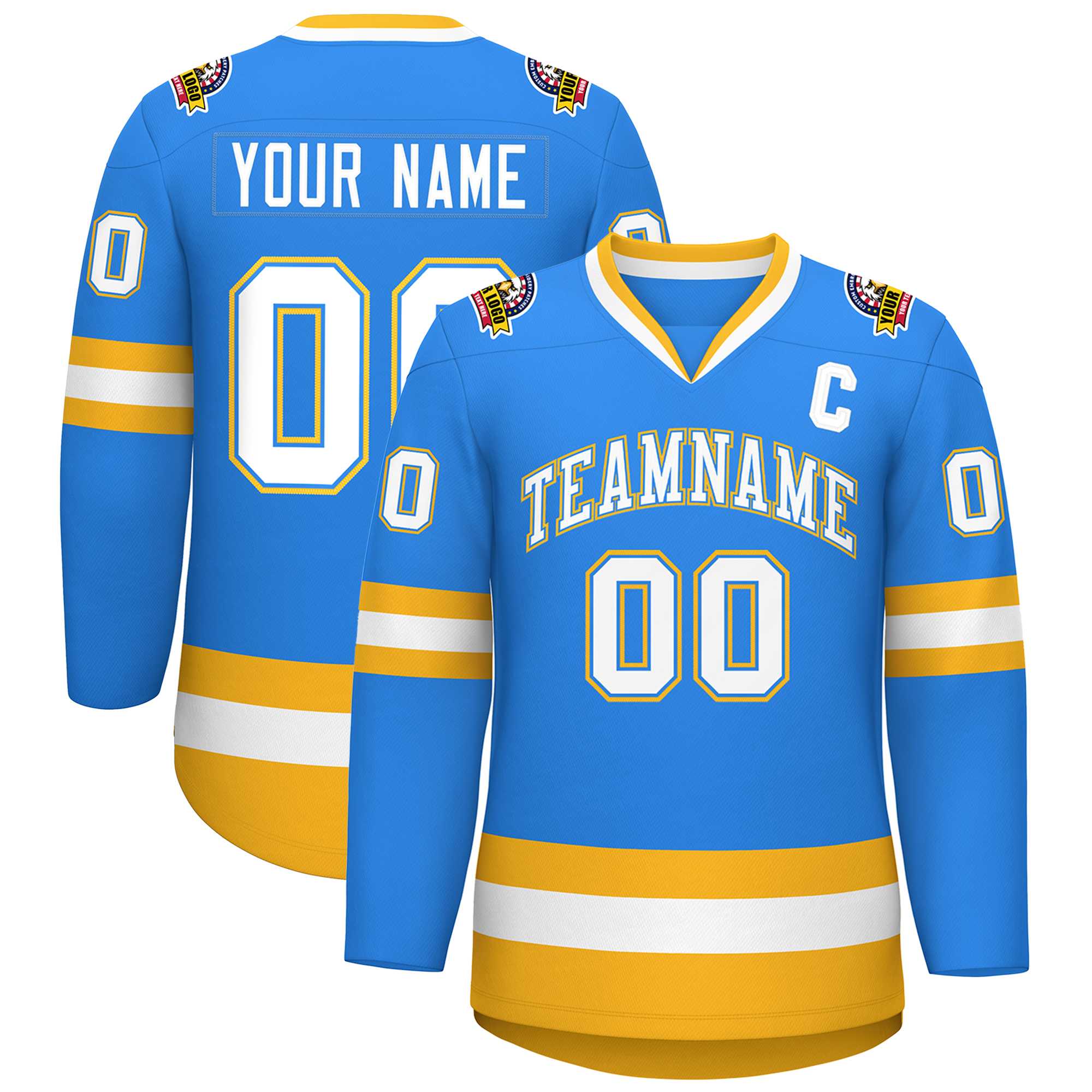 Custom Powder Blue White Powder Blue-Gold Classic Style Hockey Jersey