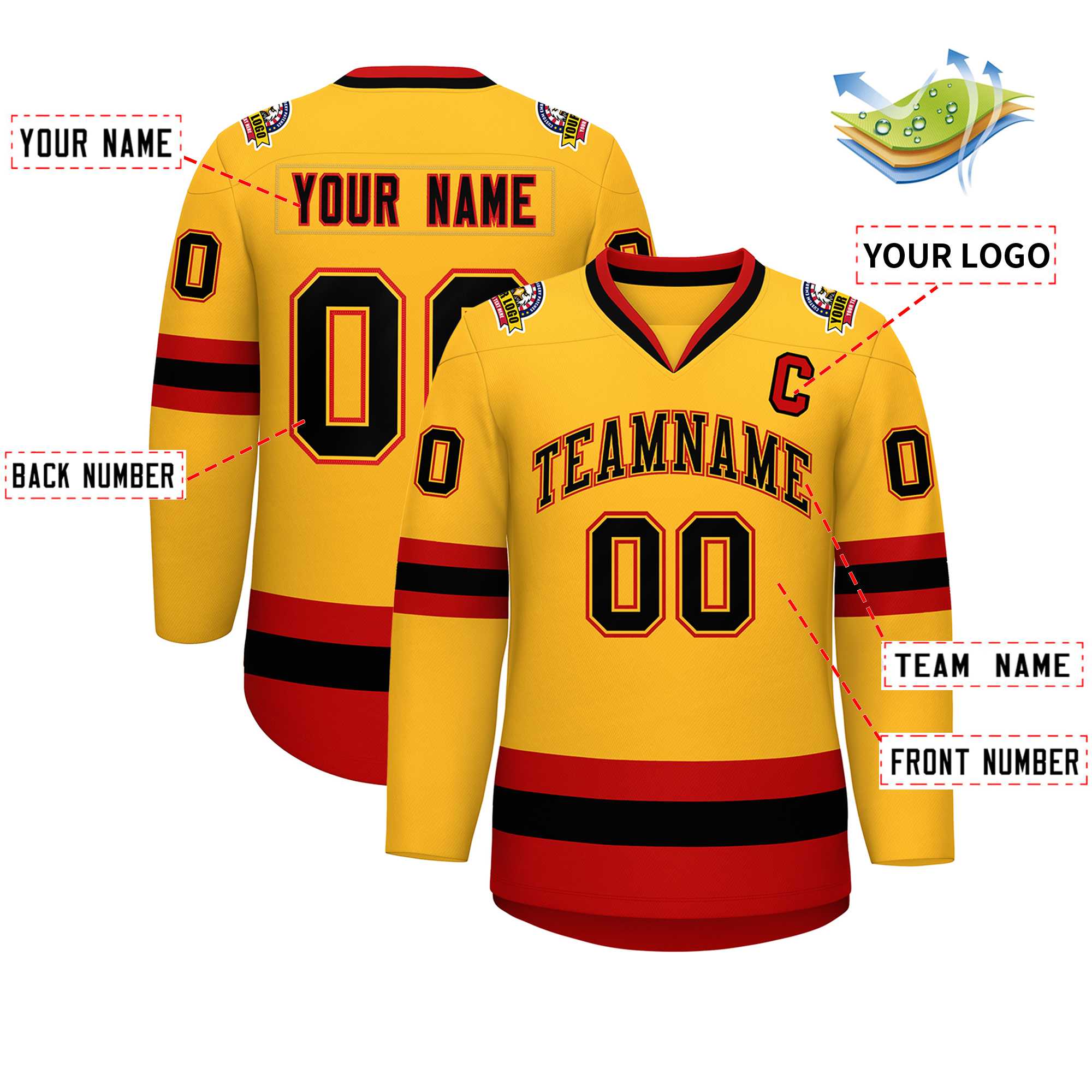 Custom Gold Black Gold-Red Classic Style Hockey Jersey