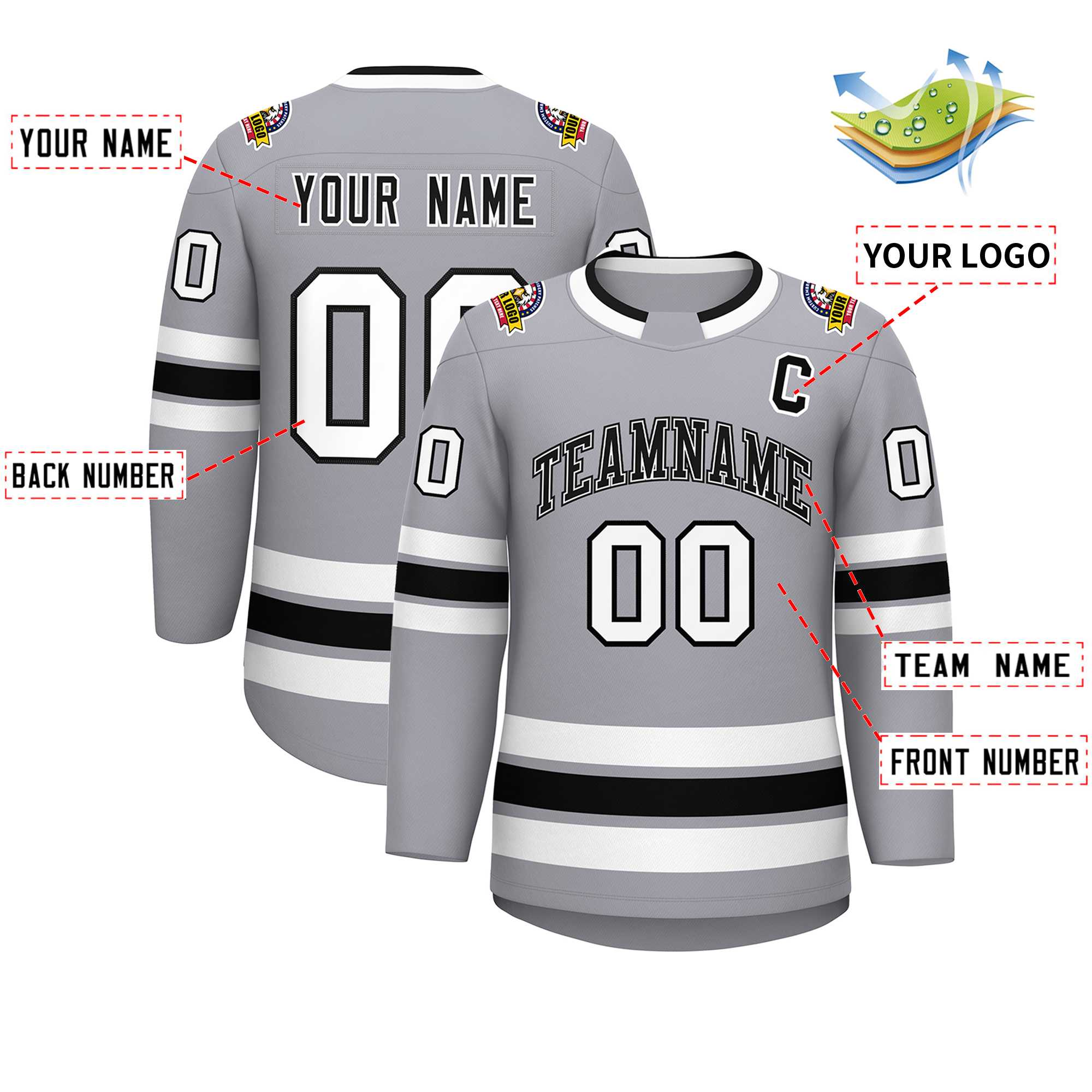 Maillot de hockey de style classique personnalisé gris noir blanc-noir