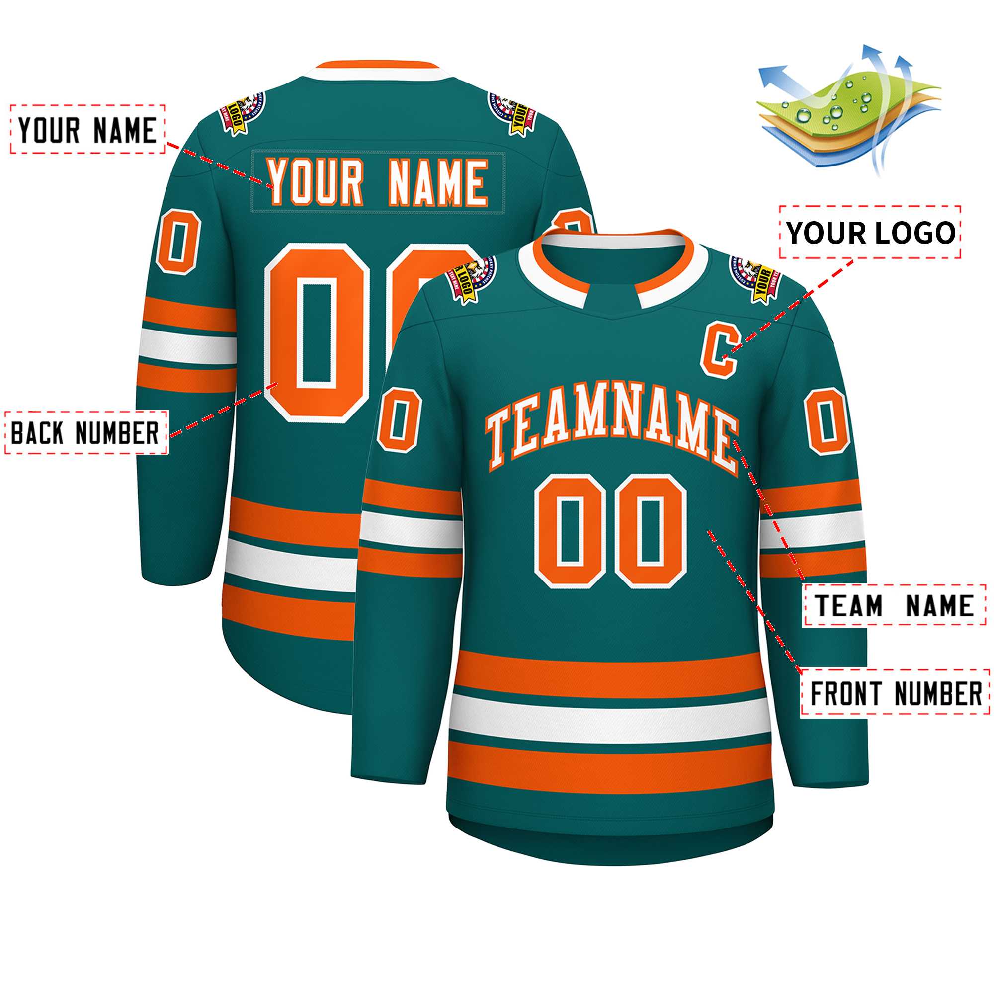 Custom Teal White-Orange Classic Style Hockey Jersey