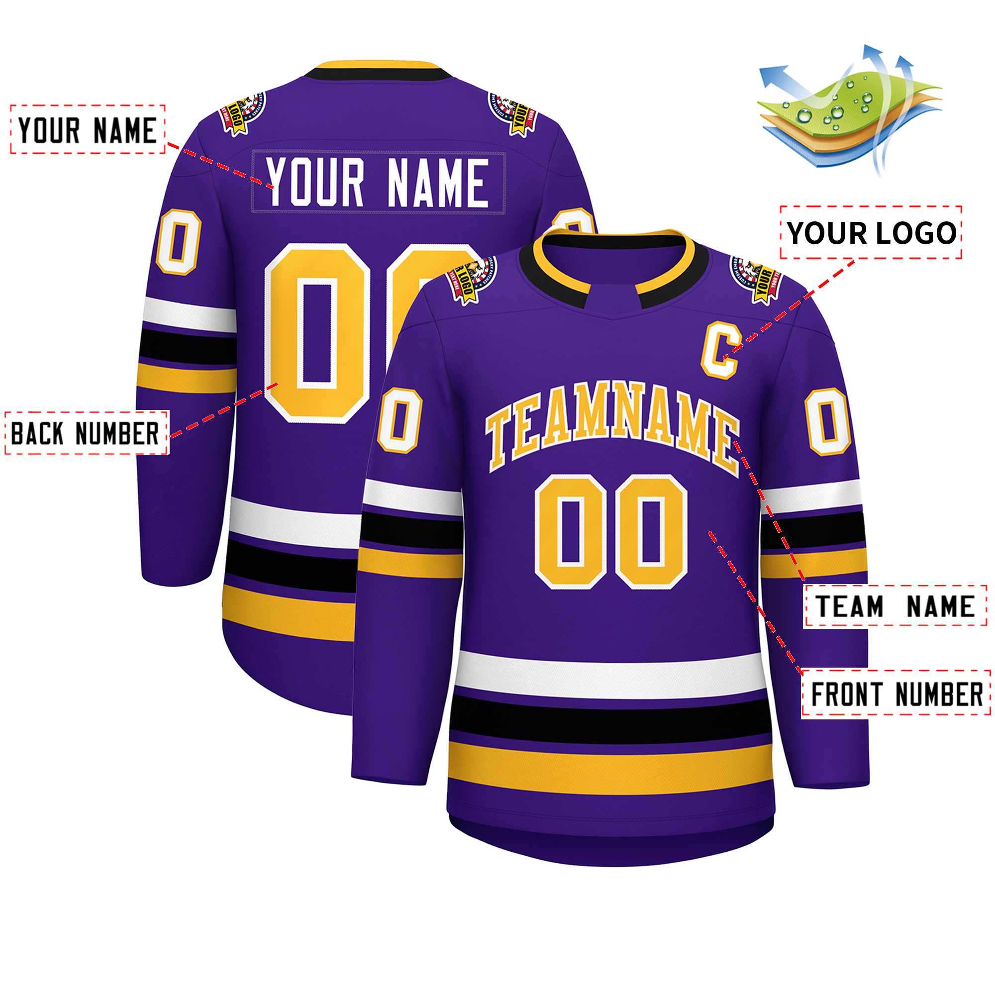 Maillot de hockey de style classique violet or-blanc personnalisé