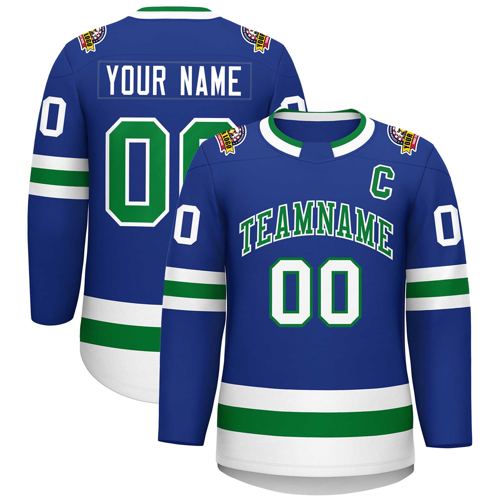 Custom Royal Kelly Green-White Classic Style Hockey Jersey