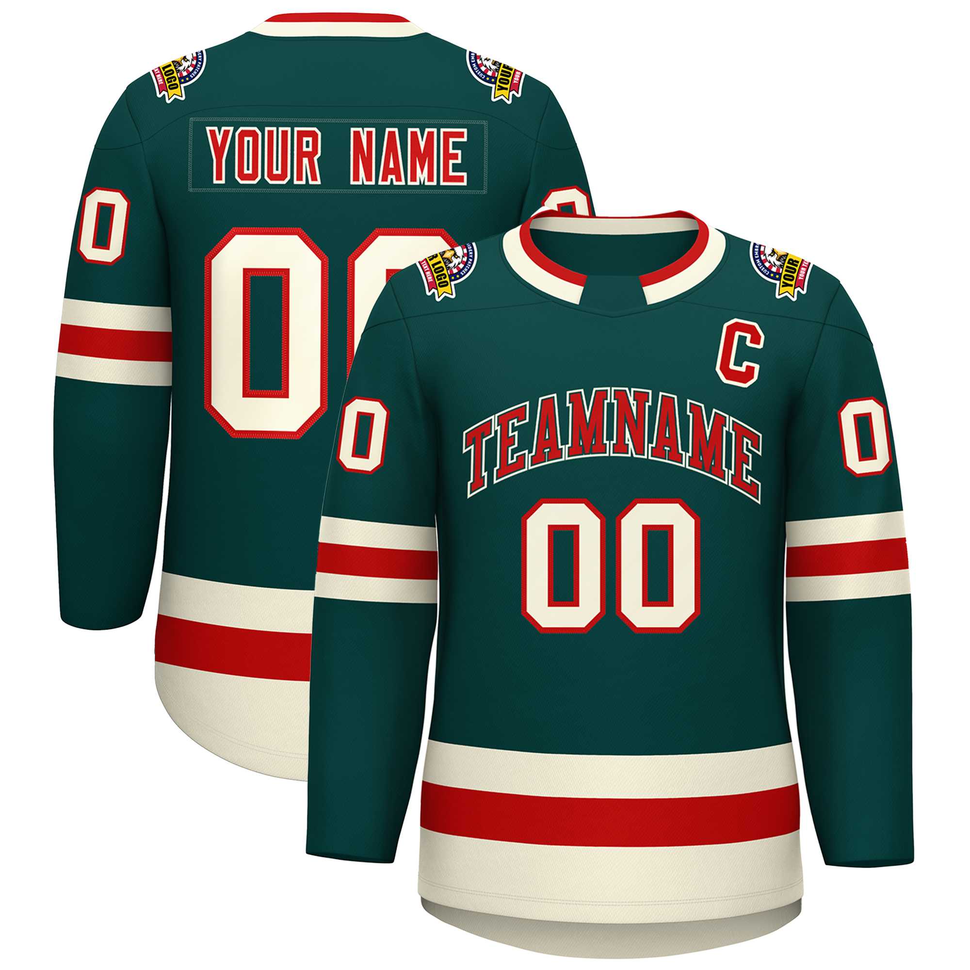 Custom Midnight Green Red Midnight Green-Khaki Classic Style Hockey Jersey