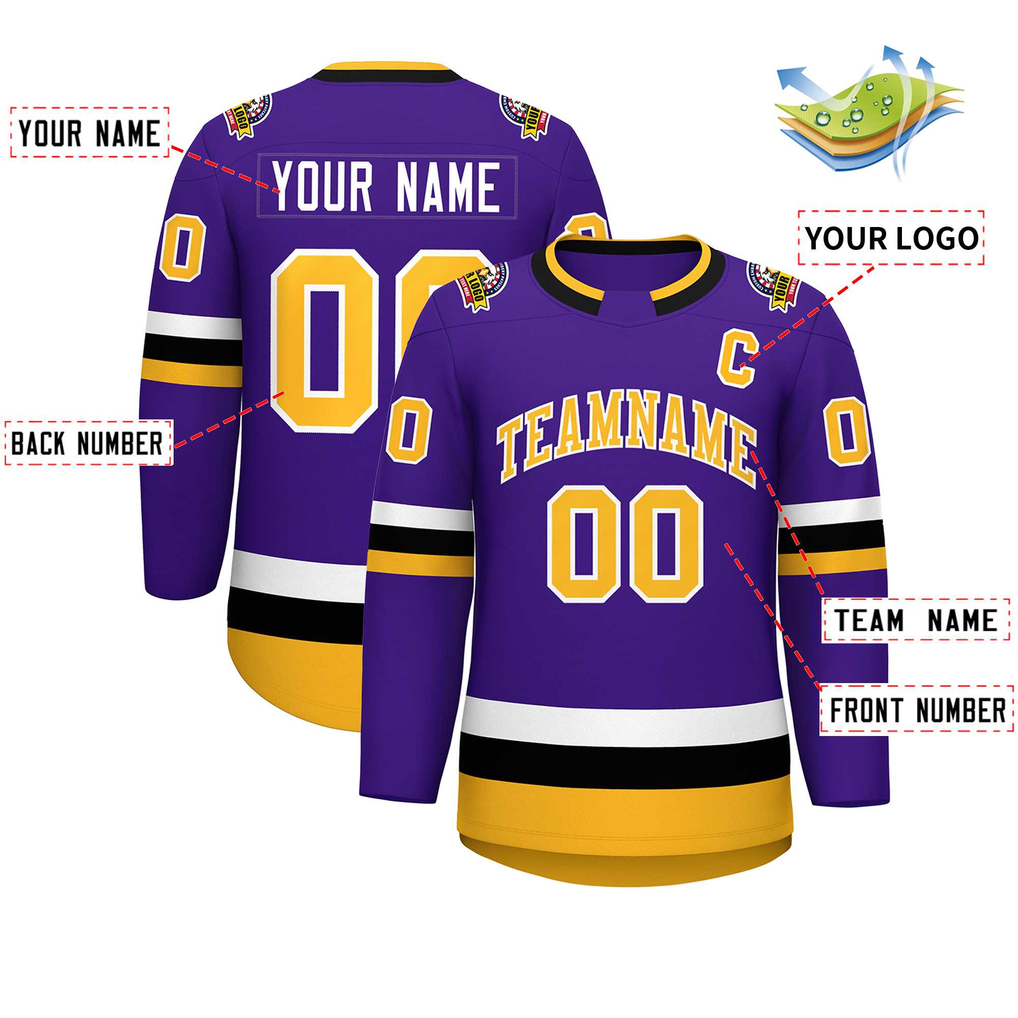 Maillot de hockey de style classique violet or-blanc personnalisé