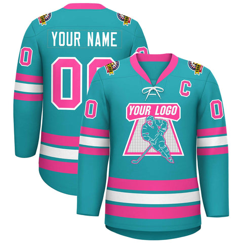 Custom Aqua Pink-White Lace-Up Neck Hockey Jersey