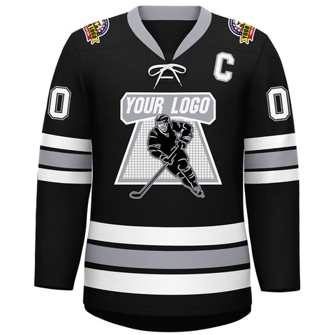 Custom Black White-Gray Lace-Up Neck Hockey Jersey