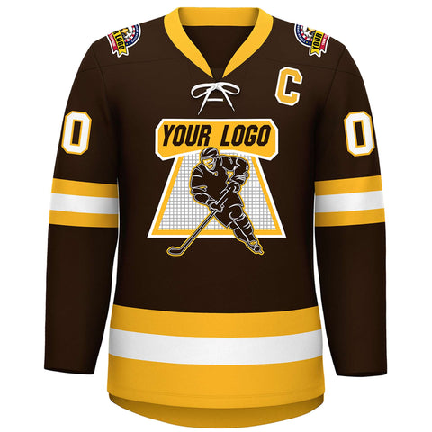 Custom Brown Gold-White Lace-Up Neck Hockey Jersey