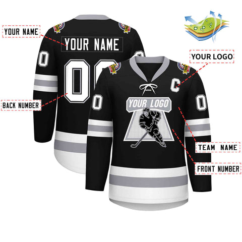 Custom Black White-Gray Lace-Up Neck Hockey Jersey