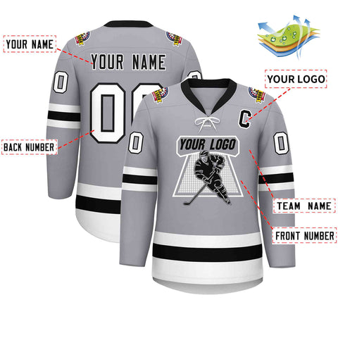 Custom Gray Black-White Lace-Up Neck Hockey Jersey