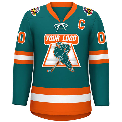 Custom Aqua White-Orange Lace-Up Neck Hockey Jersey