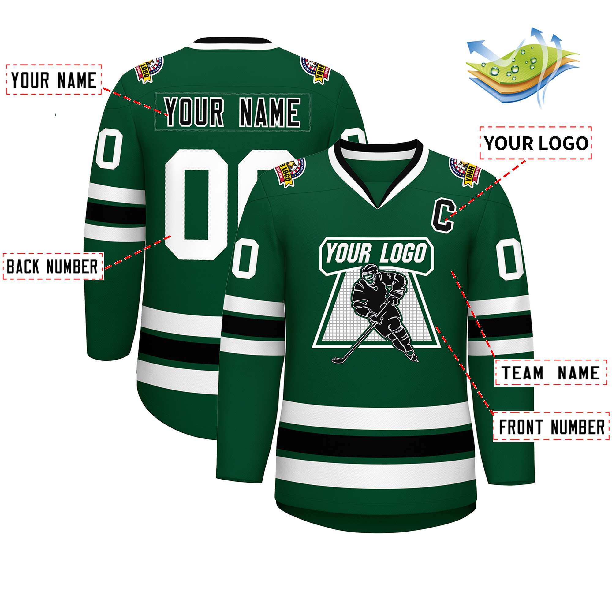 Maillot de hockey de style classique vert noir-blanc personnalisé