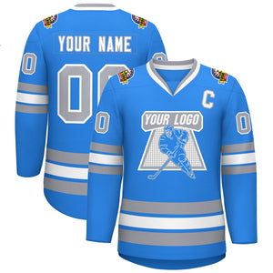 Custom Powder Blue White Powder Blue-Gray Classic Style Hockey Jersey