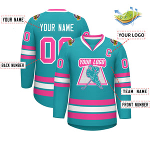 Maillot de hockey de style classique Aqua rose-blanc personnalisé