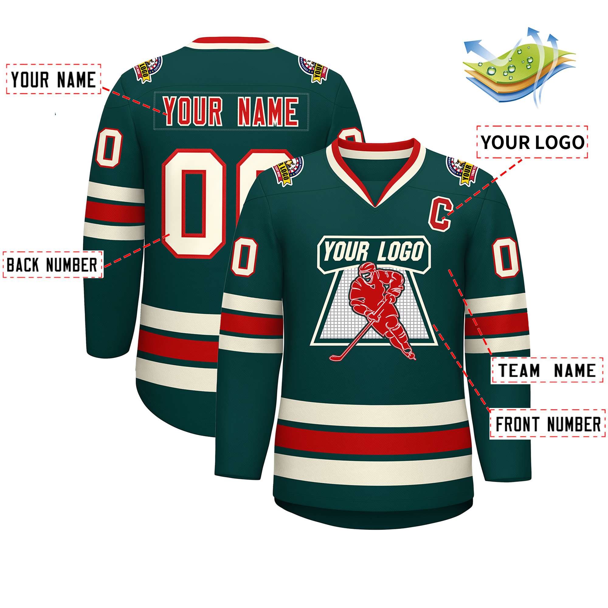 Maillot de hockey personnalisé de style classique, vert minuit, rouge-kaki