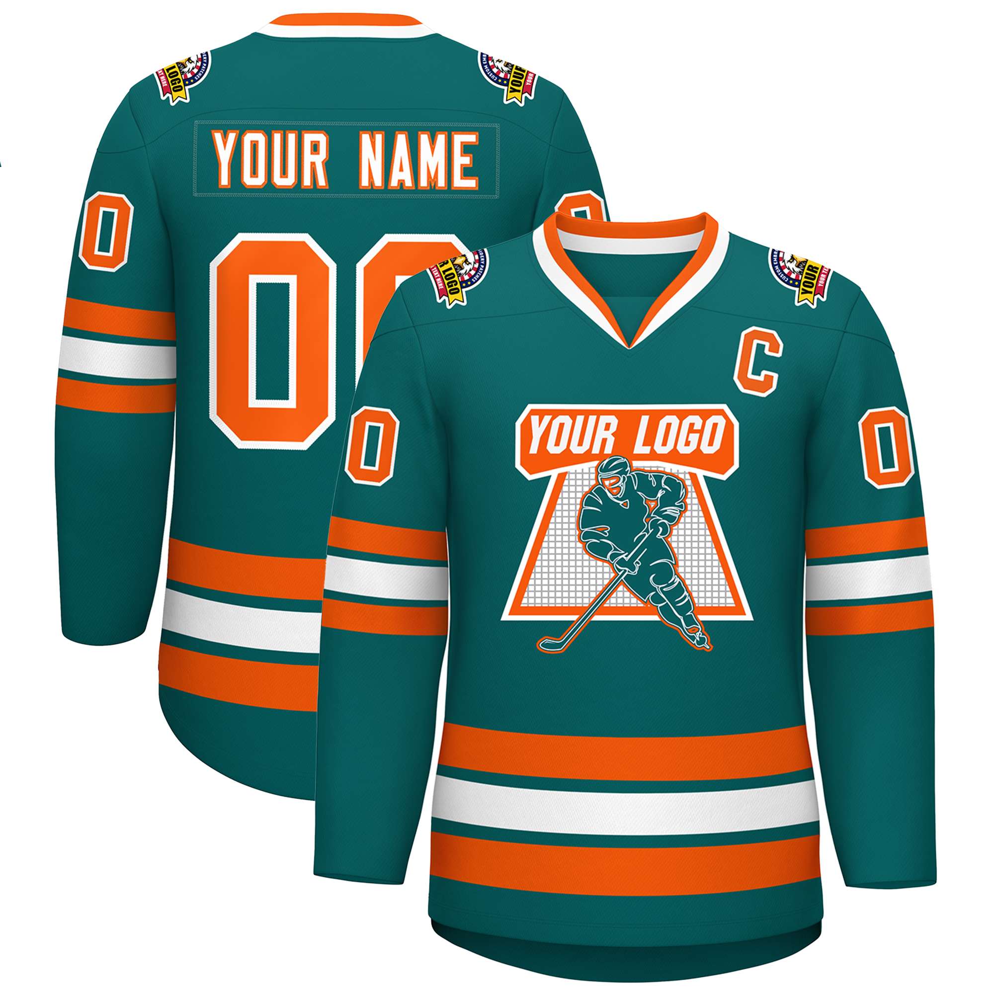 Custom Teal White-Orange Classic Style Hockey Jersey