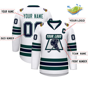 Custom White Navy White-Midnight Green Classic Style Hockey Jersey