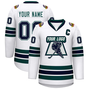 Custom White Navy White-Midnight Green Classic Style Hockey Jersey