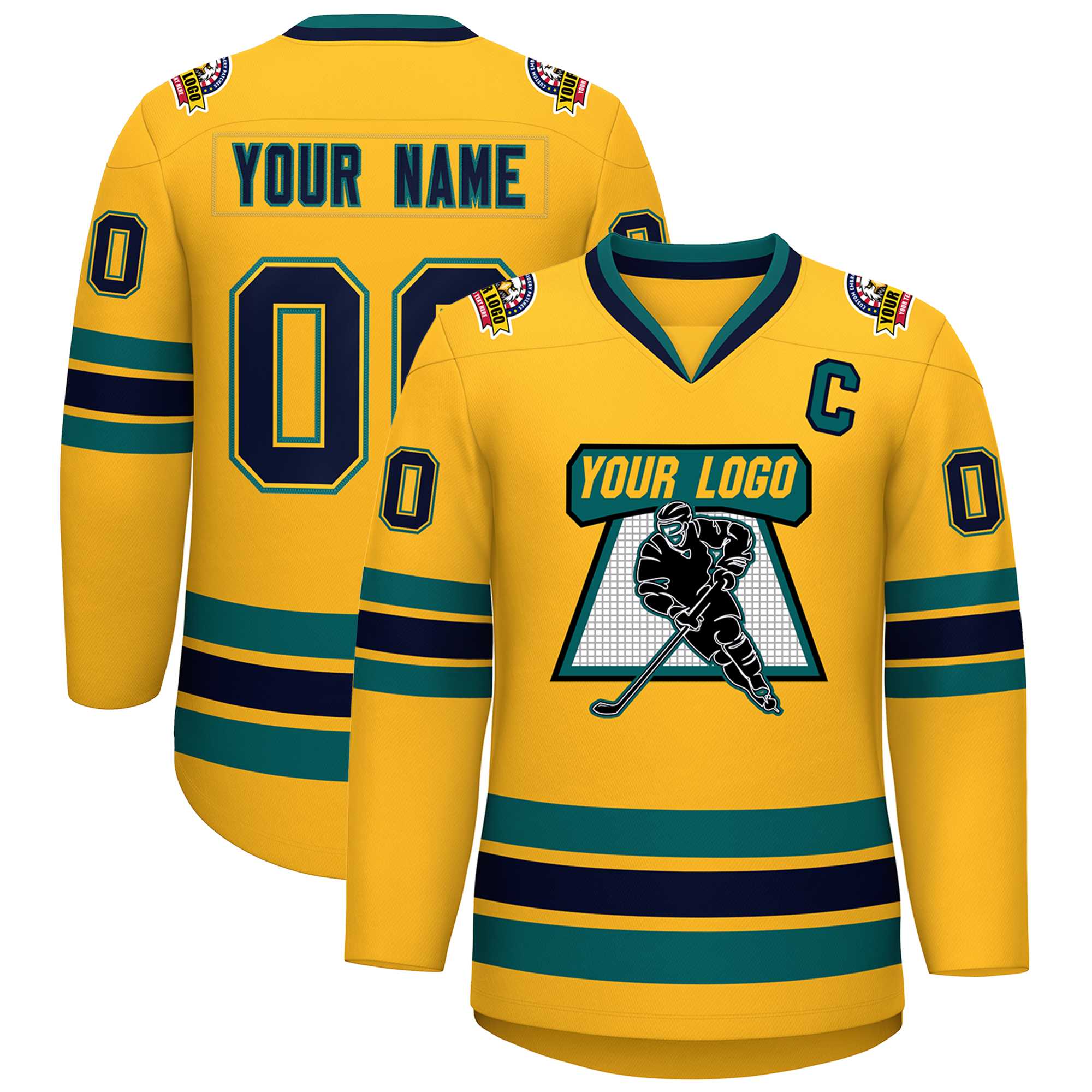 Custom Gold Navy Gold-Aqua Classic Style Hockey Jersey