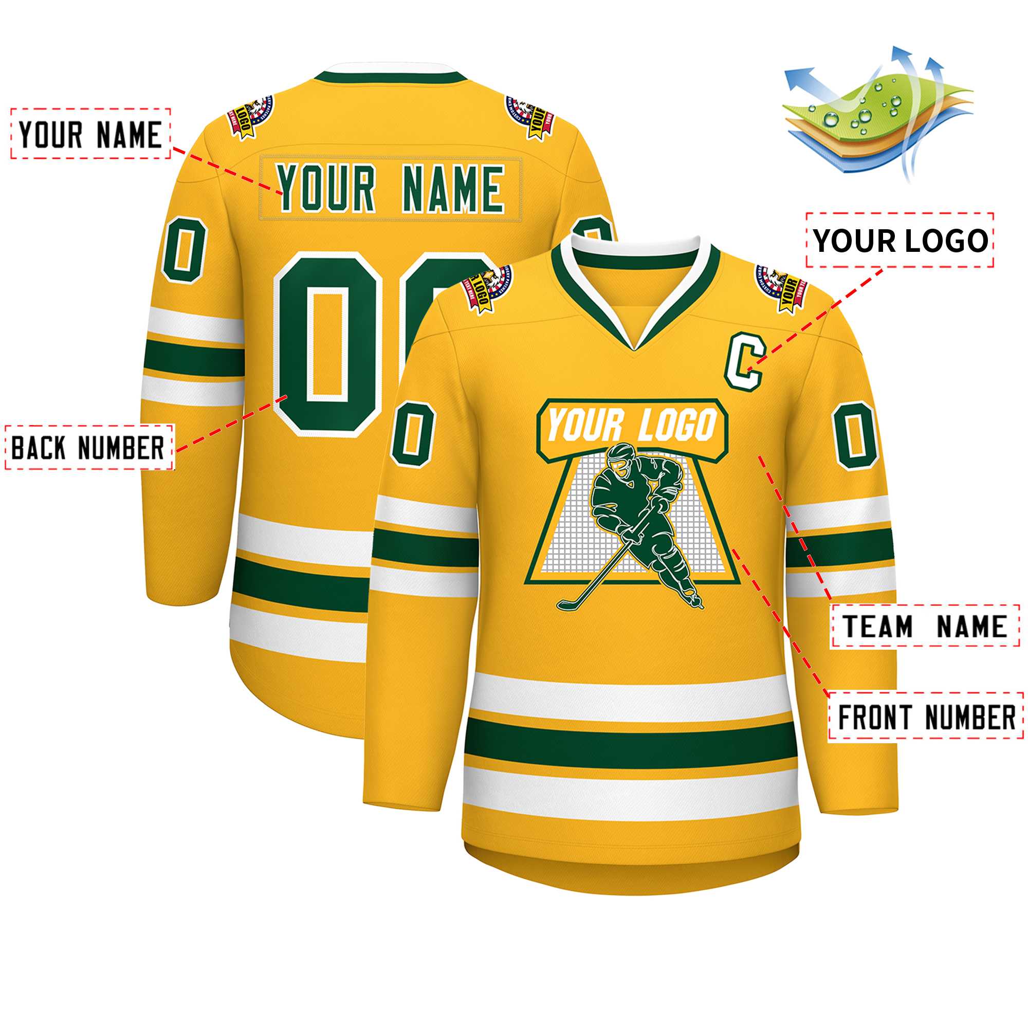 Maillot de hockey de style classique or vert-blanc personnalisé