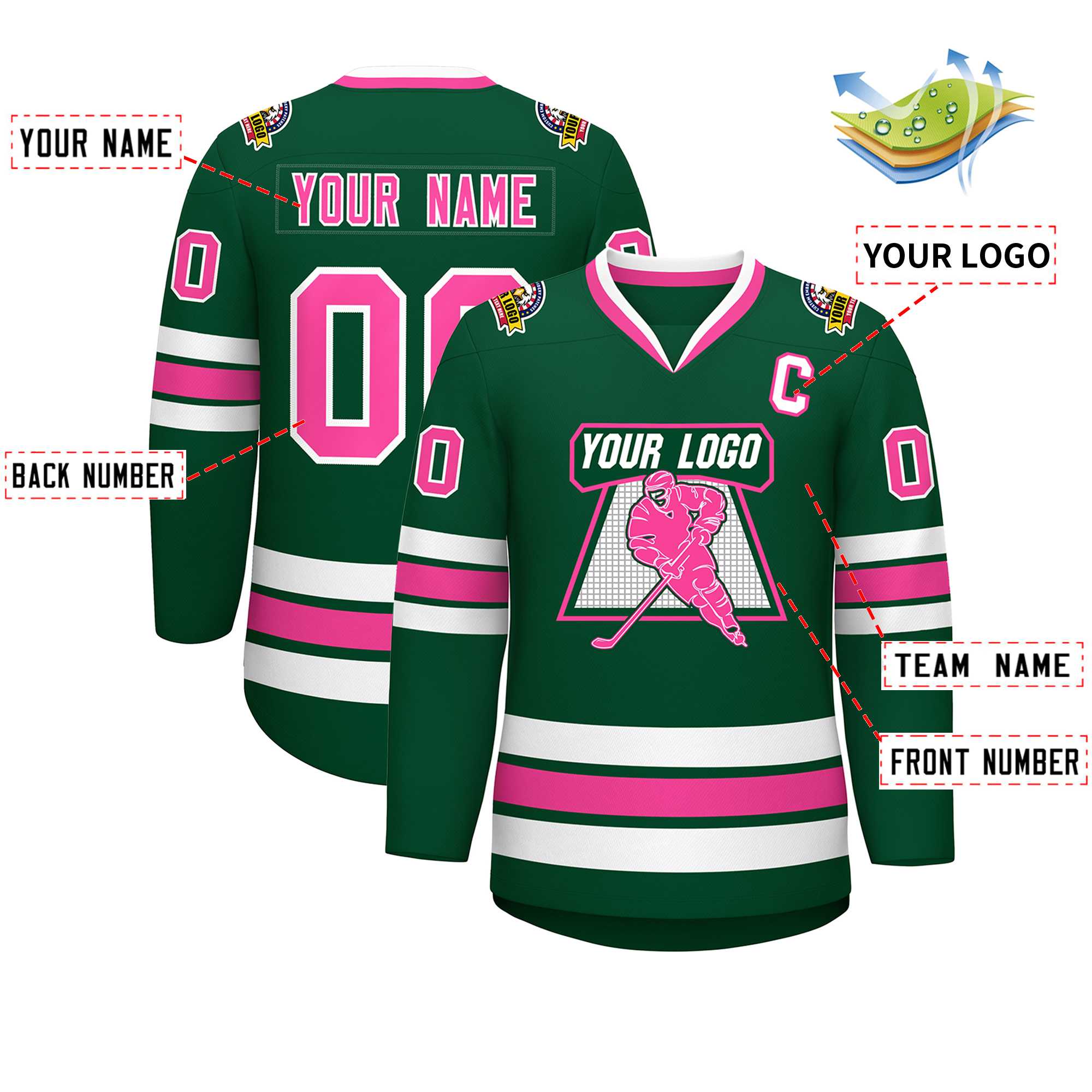 Maillot de hockey de style classique vert rose-blanc personnalisé