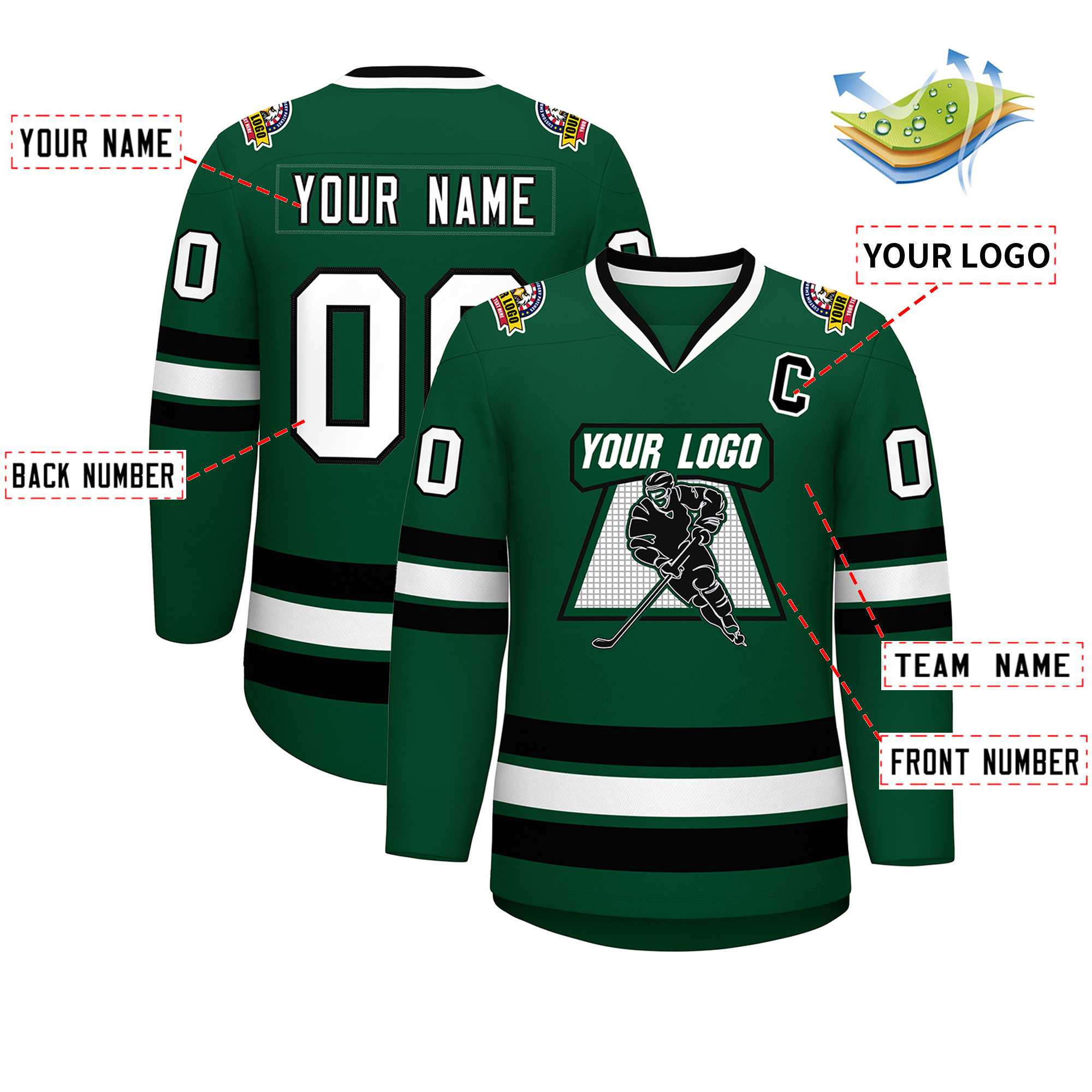 Maillot de hockey de style classique vert blanc-noir personnalisé