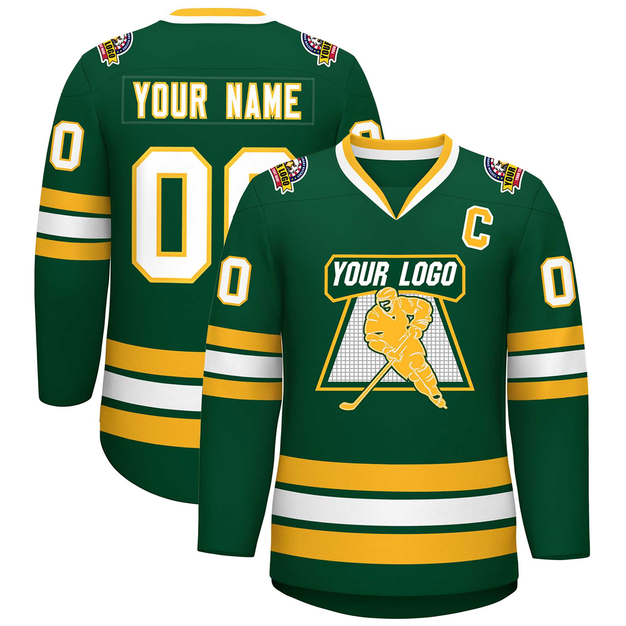 Custom Green White-Gold Classic Style Hockey Jersey