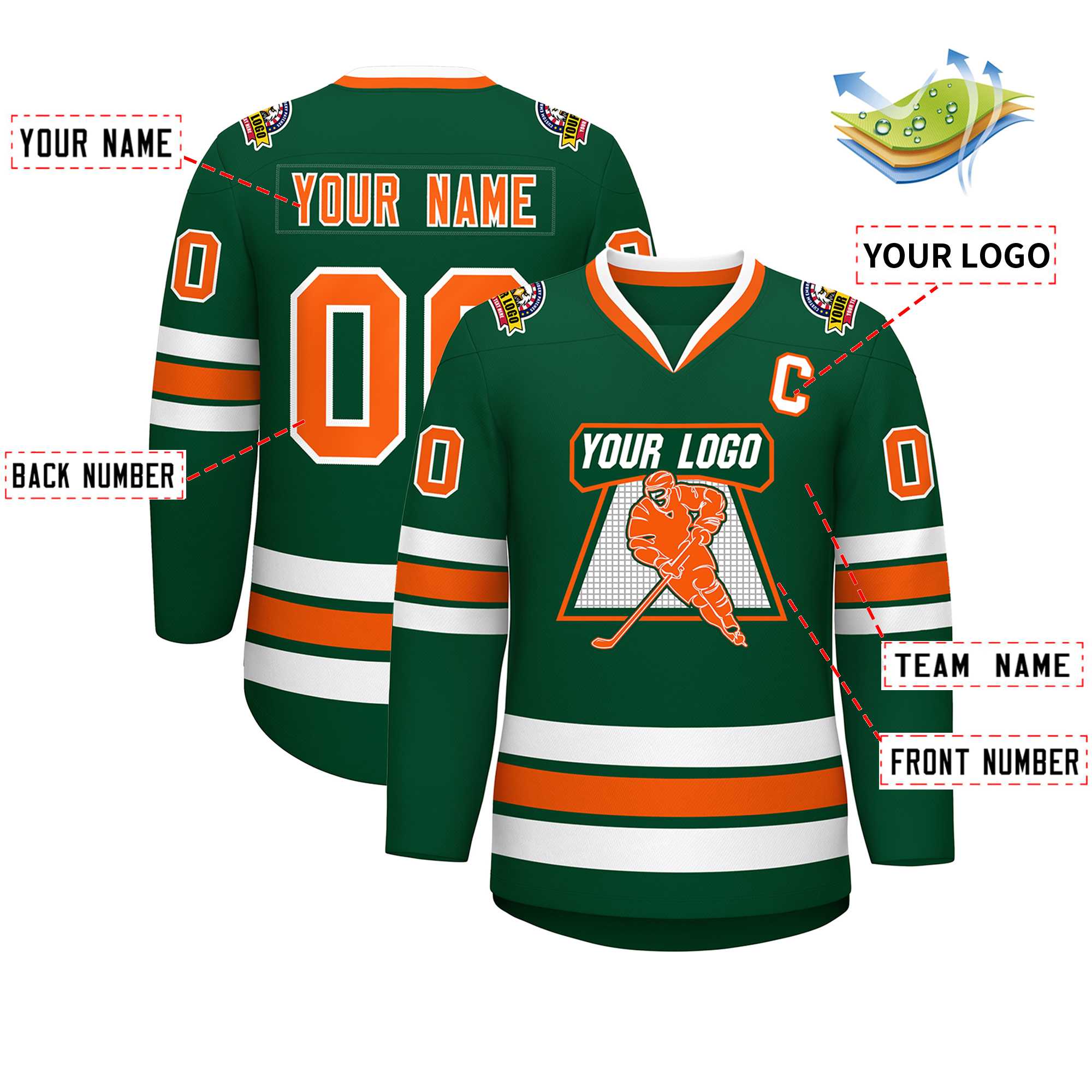 Maillot de hockey de style classique vert orange-blanc personnalisé