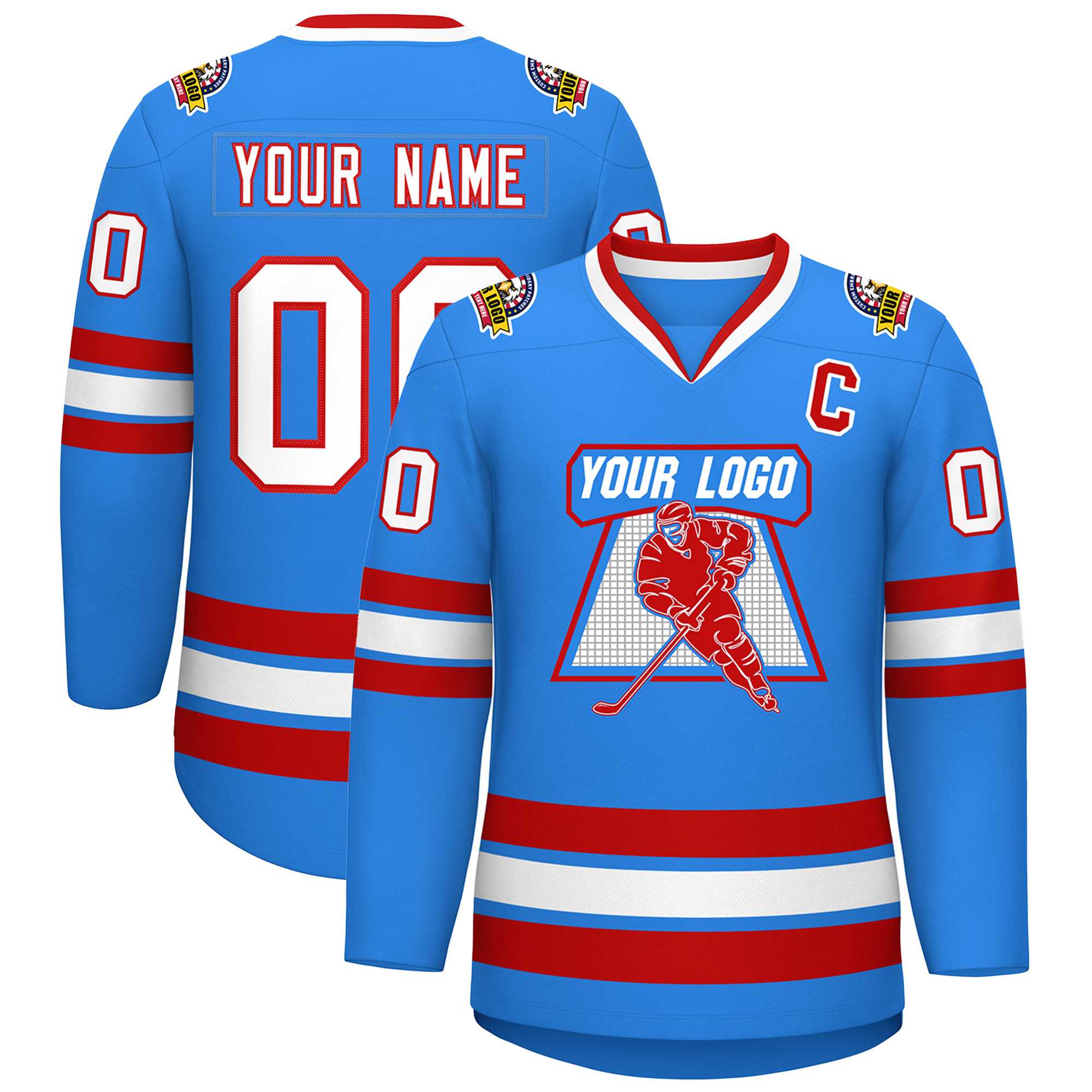 Custom Powder Blue White-Red Classic Style Hockey Jersey