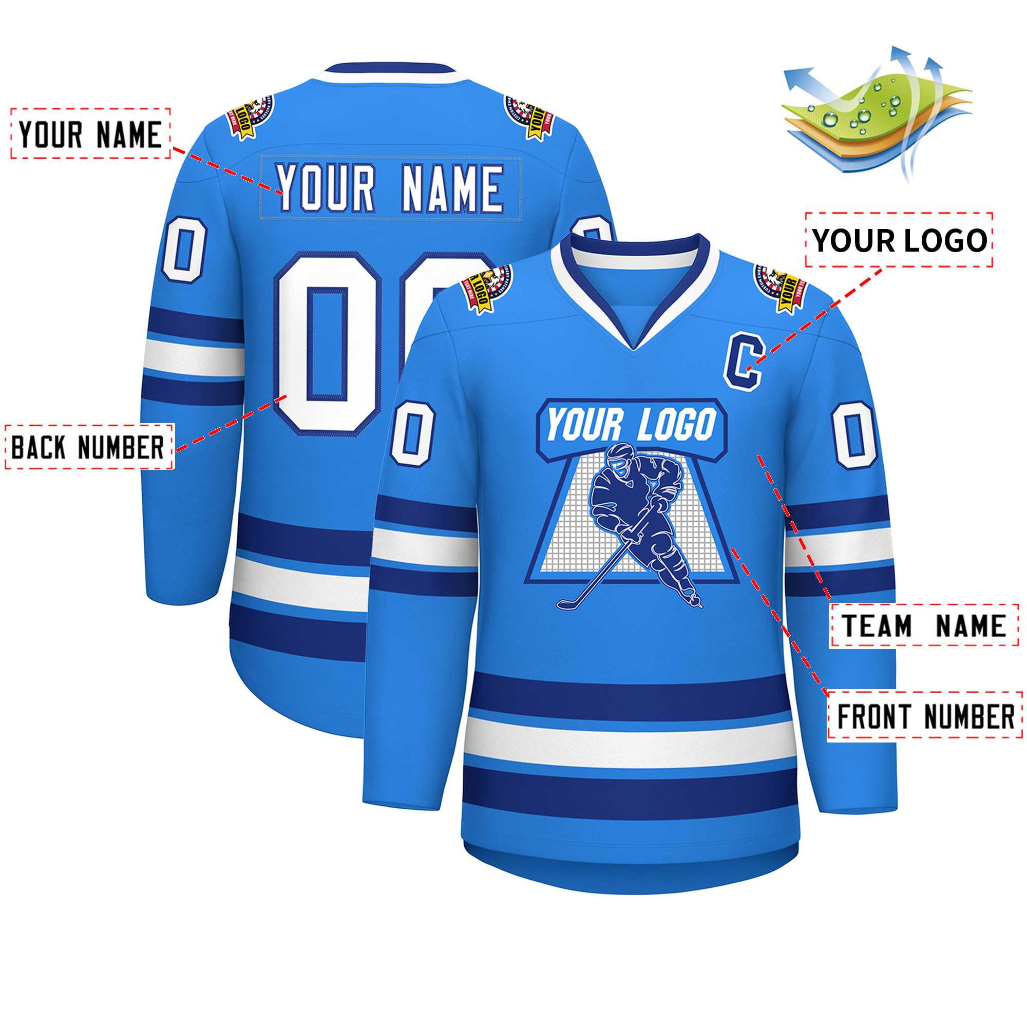 Maillot de hockey de style classique bleu poudre blanc-royal personnalisé