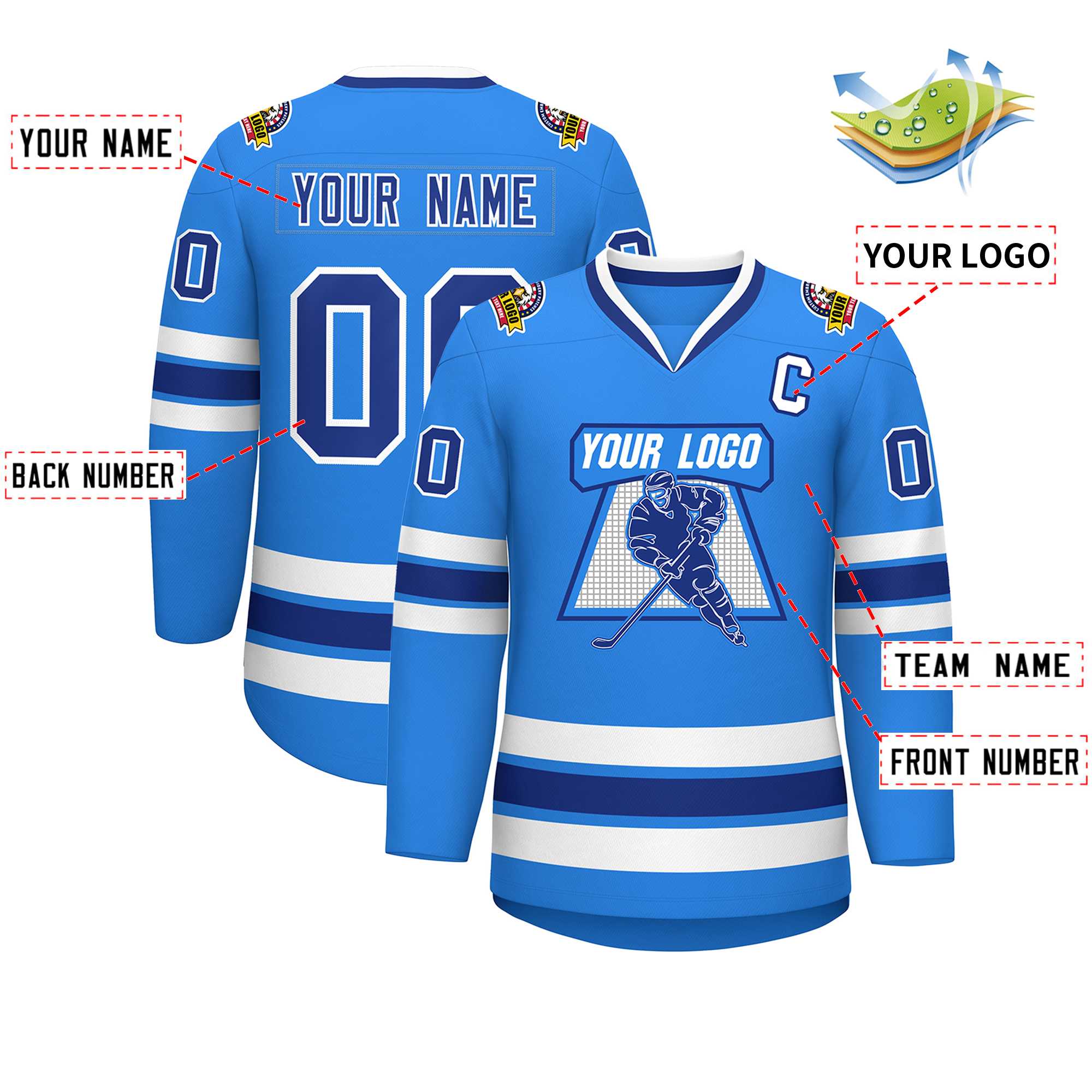 Maillot de hockey de style classique bleu poudre personnalisé Royal-White