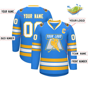 Custom Powder Blue White-Gold Classic Style Hockey Jersey