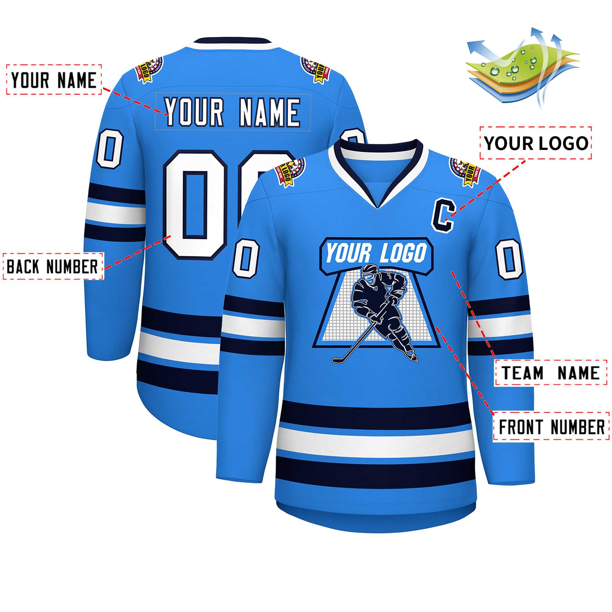 Maillot de hockey de style classique bleu poudre blanc-marine personnalisé