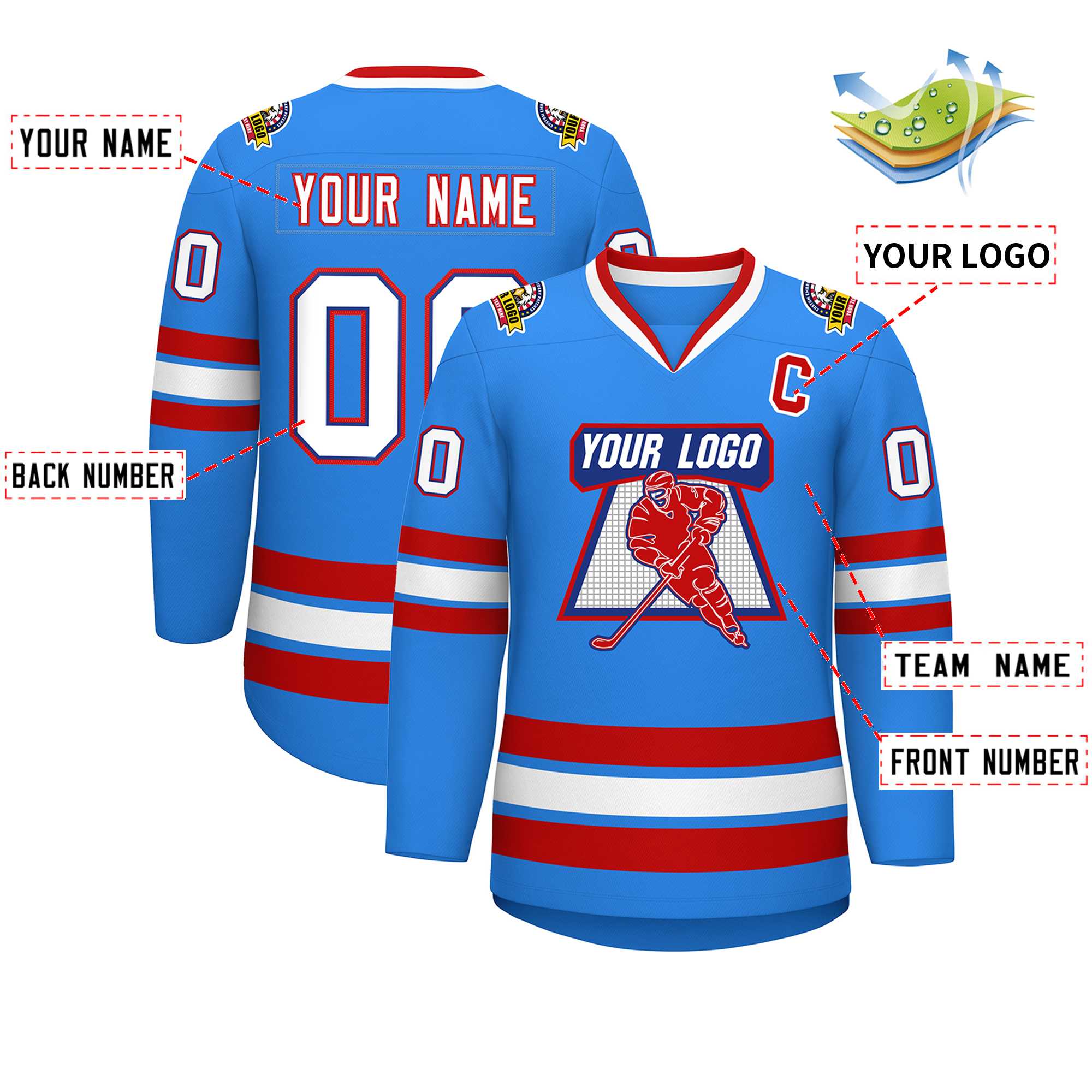 Maillot de hockey de style classique bleu poudre personnalisé blanc royal-rouge