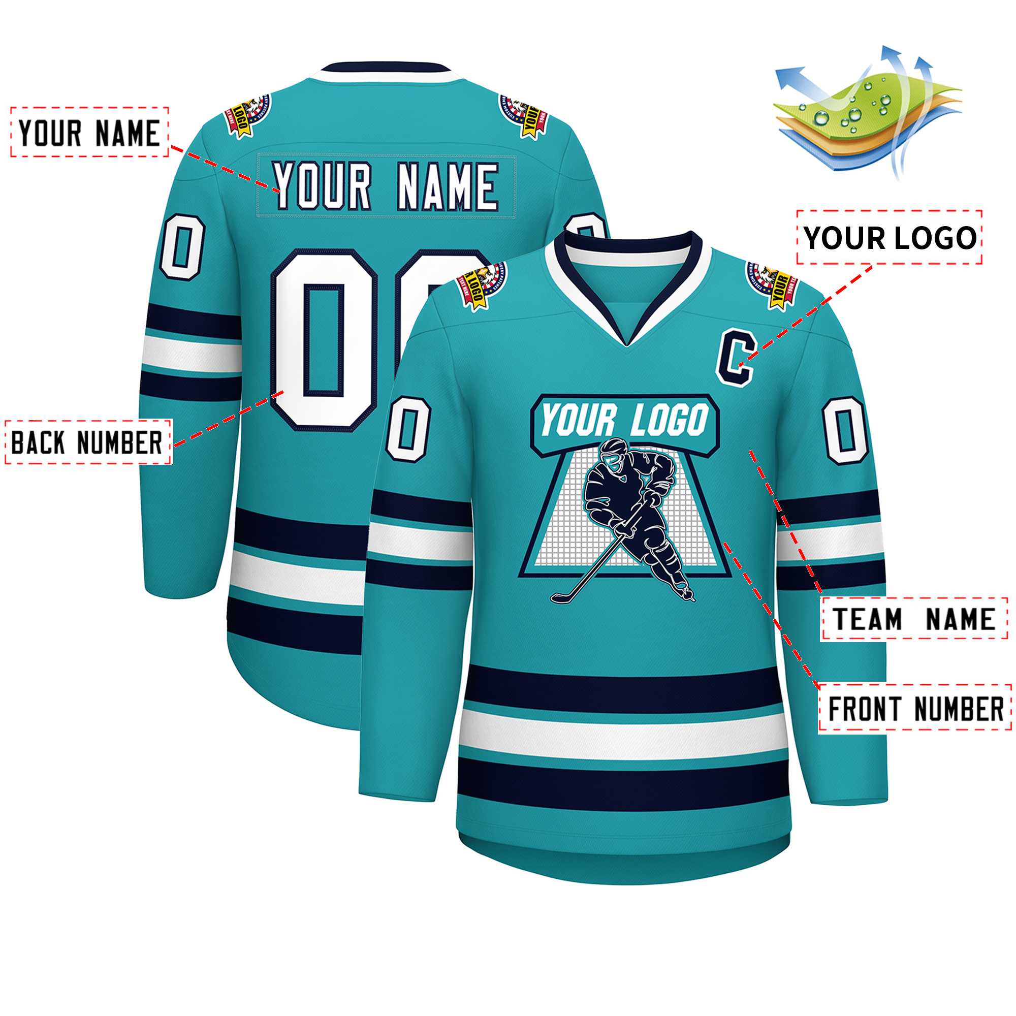 Custom Aqua White-Navy Classic Style Hockey Jersey