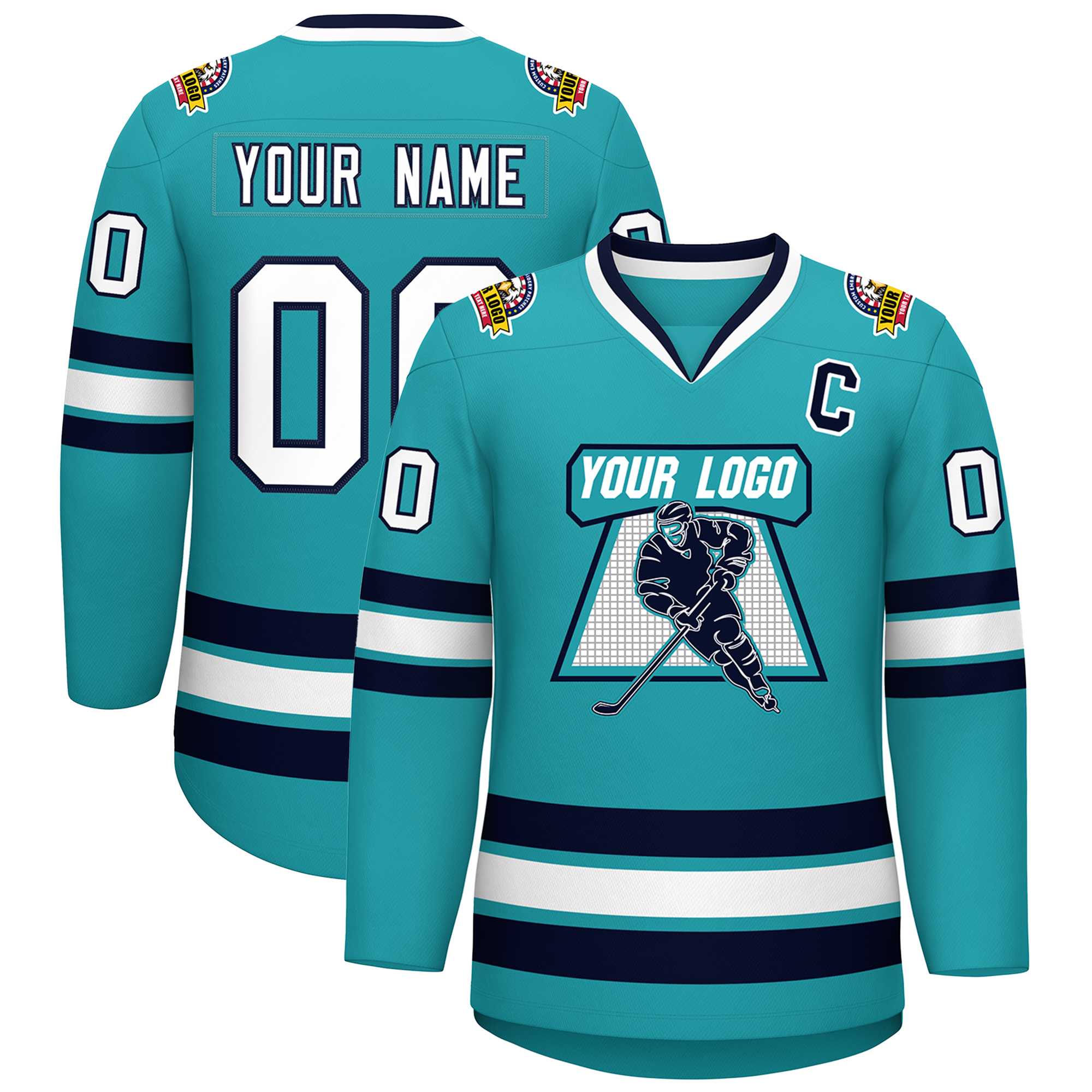 Custom Aqua White-Navy Classic Style Hockey Jersey